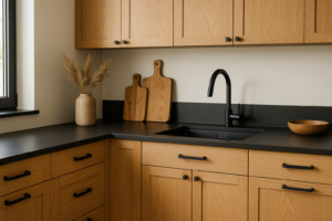 Lees meer over het artikel Houten keuken met zwart werkblad