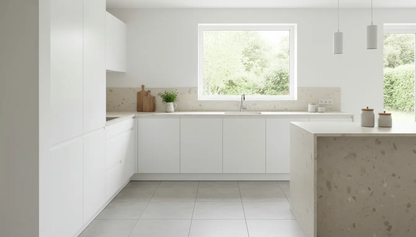 Lees meer over het artikel Witte keuken met beige werkblad – warm, ruimtelijk design