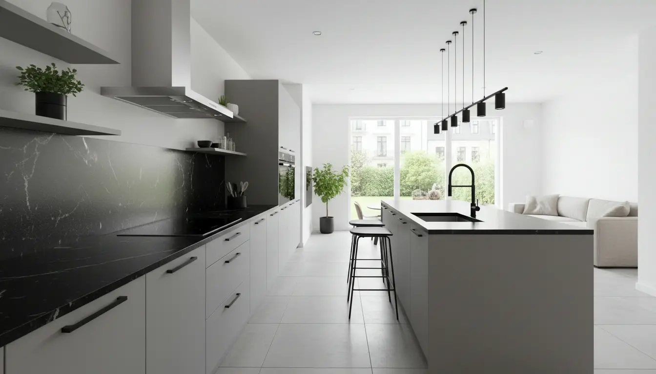 Je bekijkt nu Grijze keuken met zwart werkblad: stijlvol en sterk