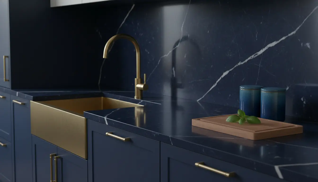 Je bekijkt nu Donkerblauwe keuken met marmer werkblad: luxe op maat
