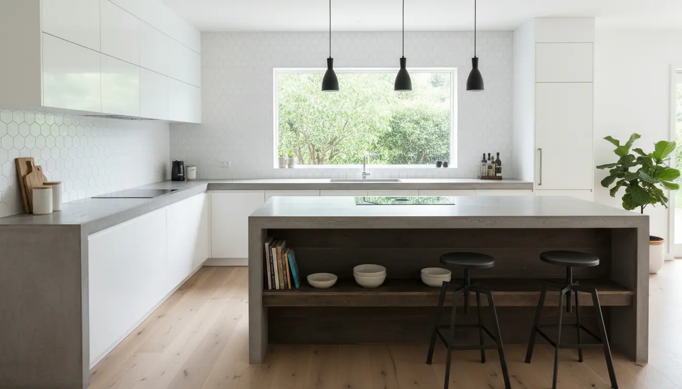 Lees meer over het artikel Keuken met betonnen werkblad en punt-kookeiland op maat